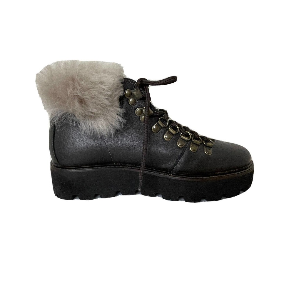 Boemos Fur Trim Black Leather Italian Comfort Ankle Boots Wedge Women Sz 6.5/37